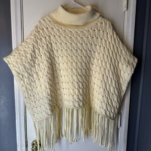 DAVI & DANI Cream Knit Poncho with Fringe